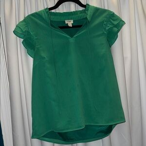 J. Crew Clover Green Short Sleeve Ruffled Shoulder Blouse
